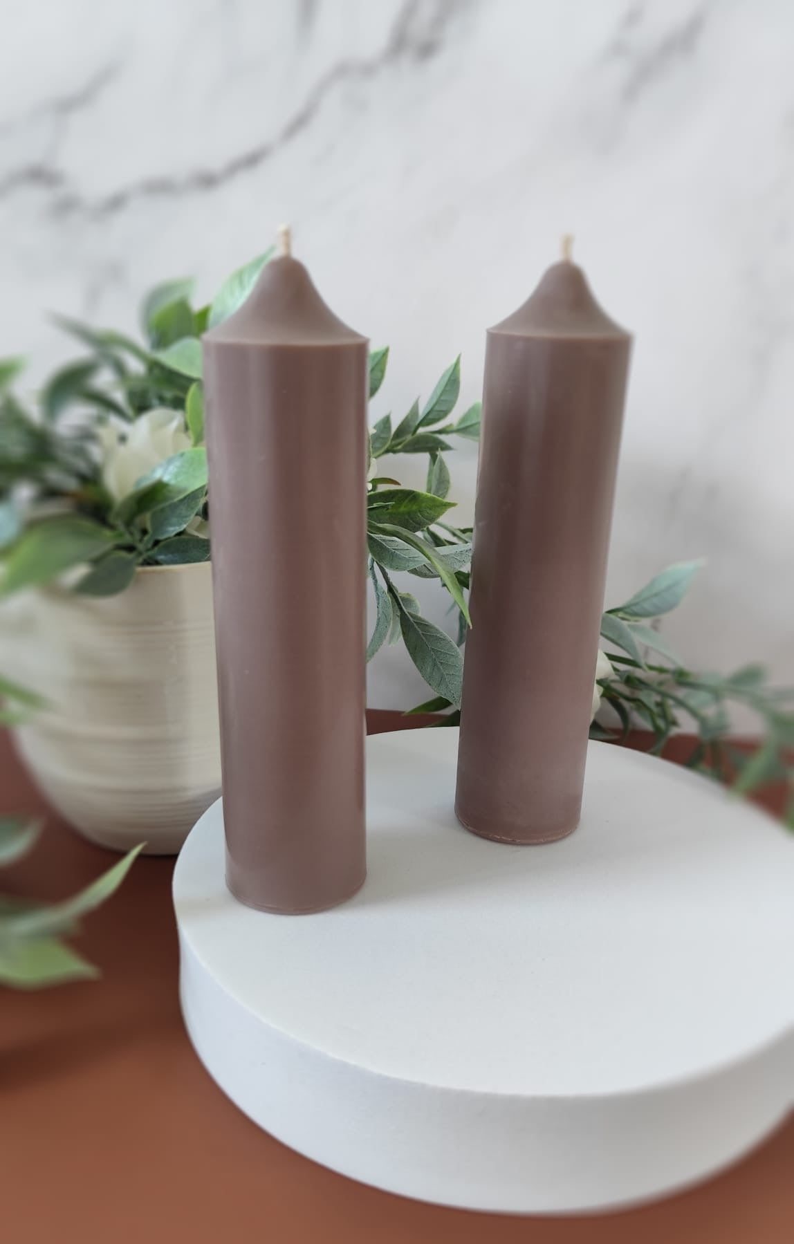 Mocha Soy Wax Church Pillar Candles - Unscented, Set of 2 (4 Sizes)