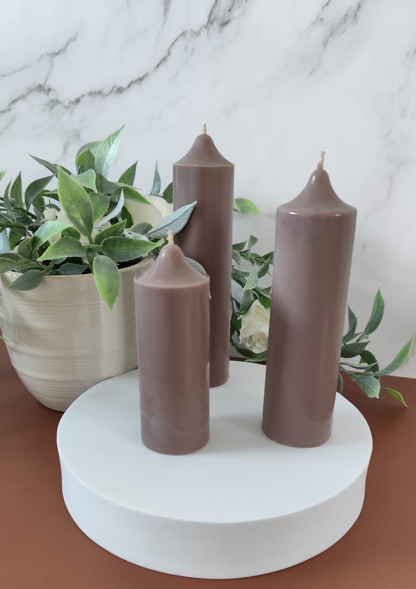 Mocha Soy Wax Church Pillar Candles - Unscented, Set of 2 (4 Sizes)