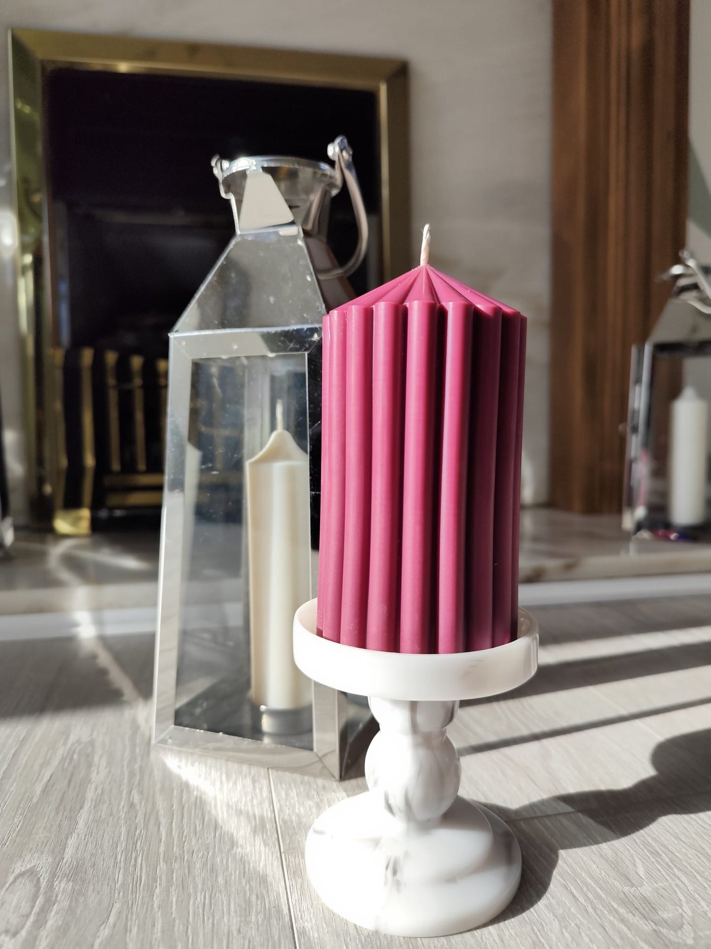 12.5cm Ribbed Soy Wax Church Pillar Candles - Unscented (Various Colours)