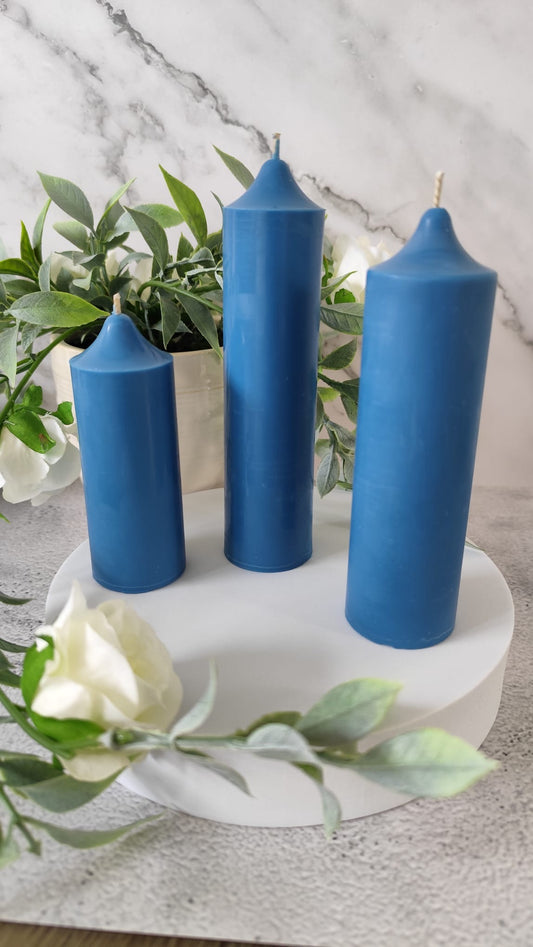 Blue Soy Wax Church Pillar Candles - Unscented, Set of 2 (4 Sizes)