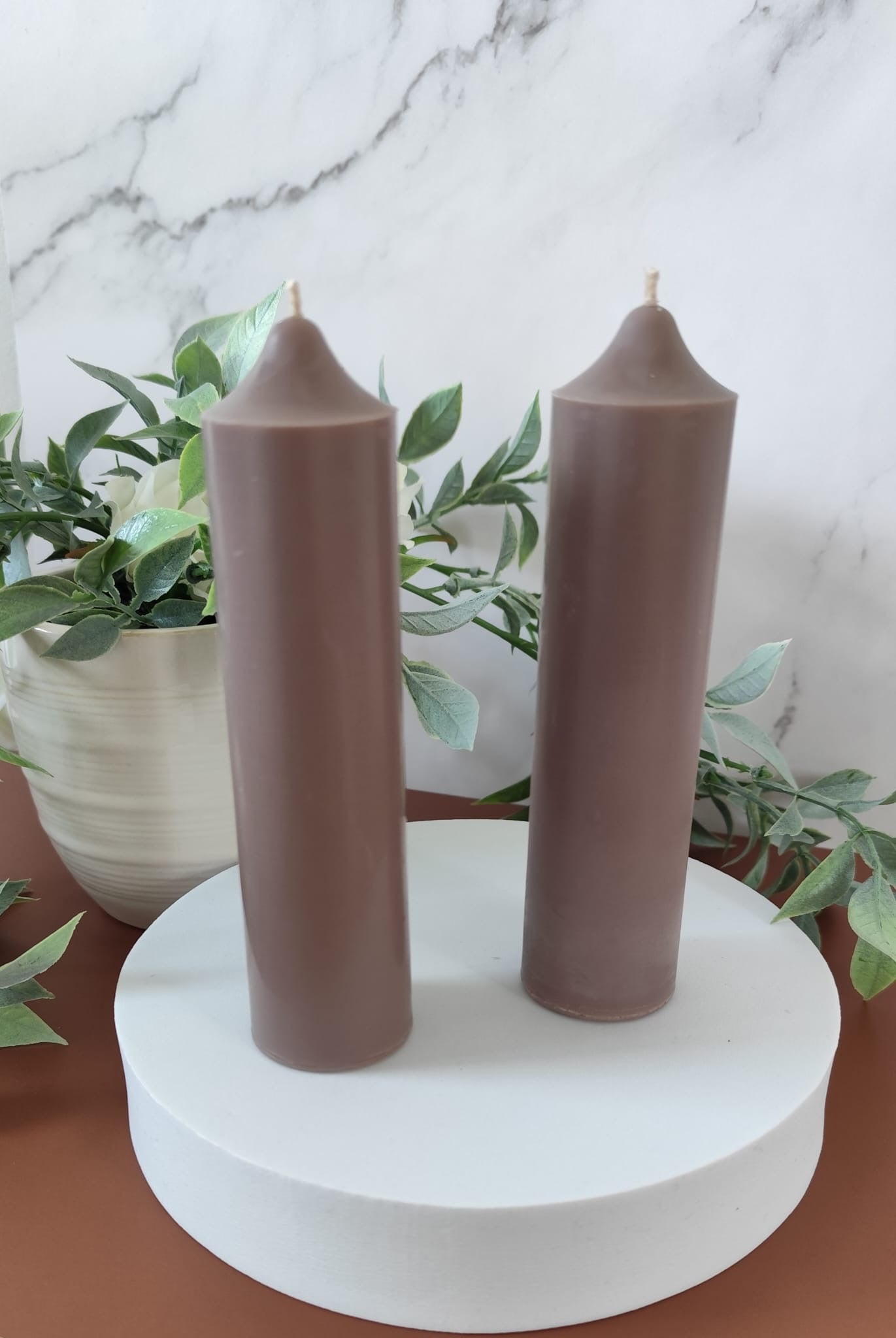 Mocha Soy Wax Church Pillar Candles - Unscented, Set of 2 (4 Sizes)