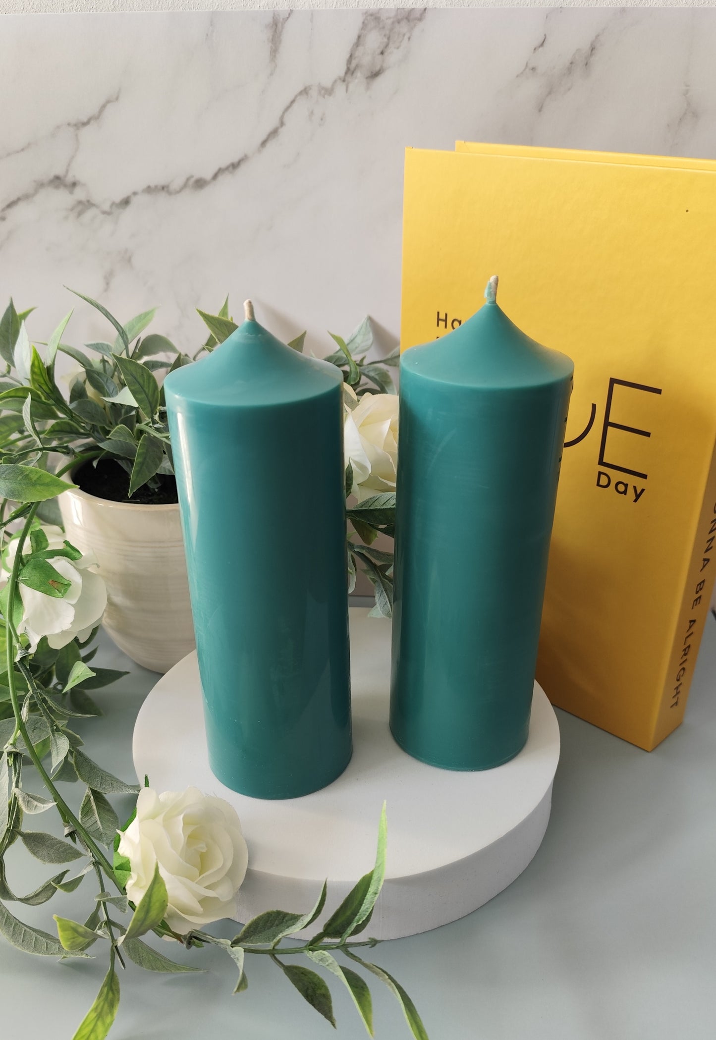 Teal Green Soy Wax Church Pillar Candles - Unscented, Set of 2 (4 Sizes)
