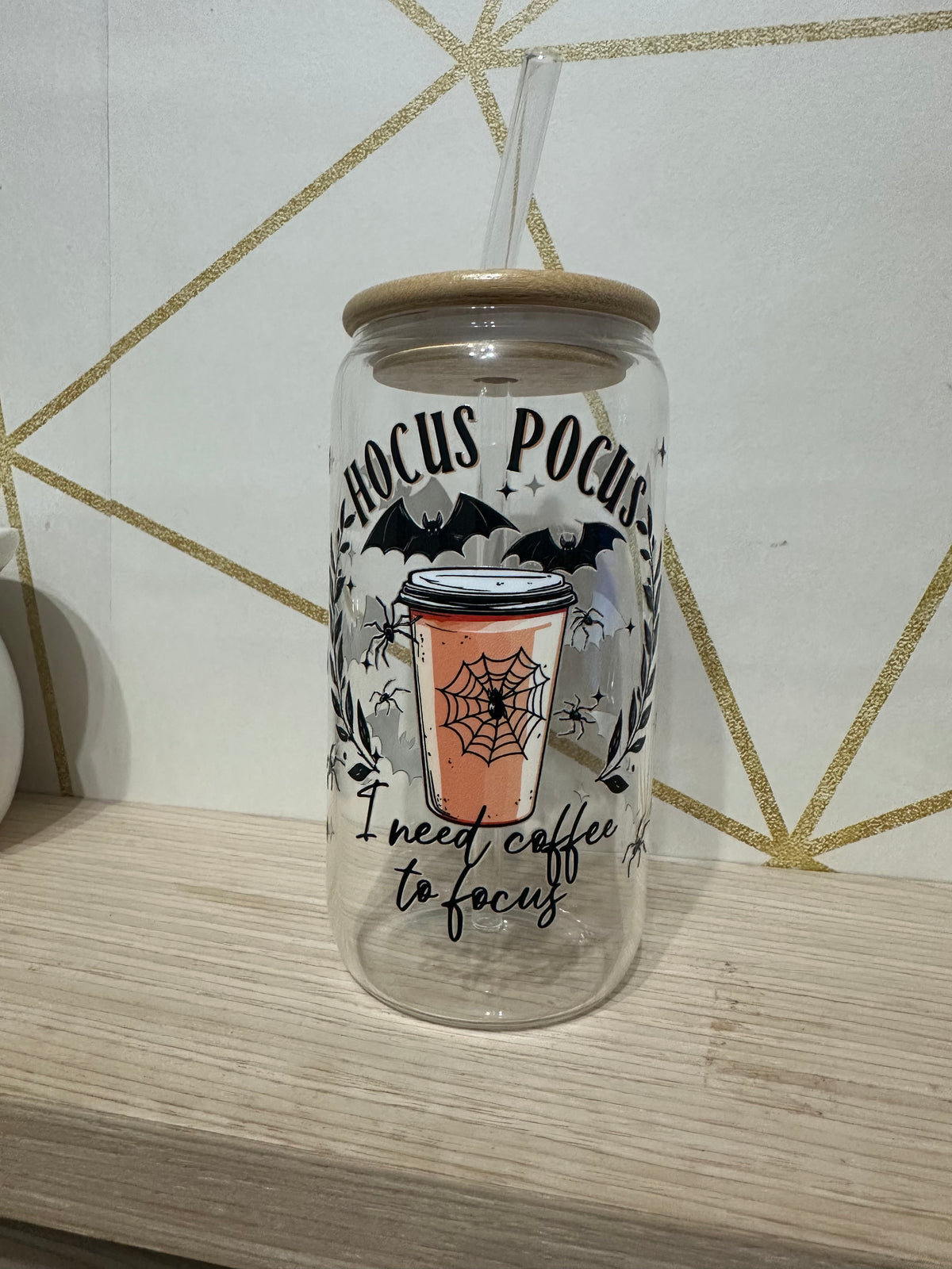 Halloween Coffee Themed Glass Tumbler With Bamboo Lid And Straw