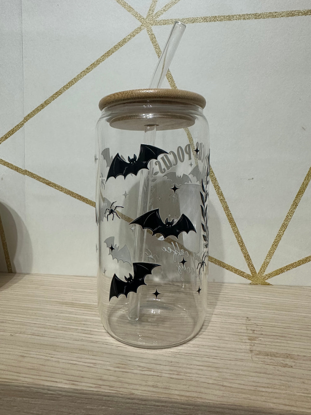 Halloween Coffee Themed Glass Tumbler With Bamboo Lid And Straw